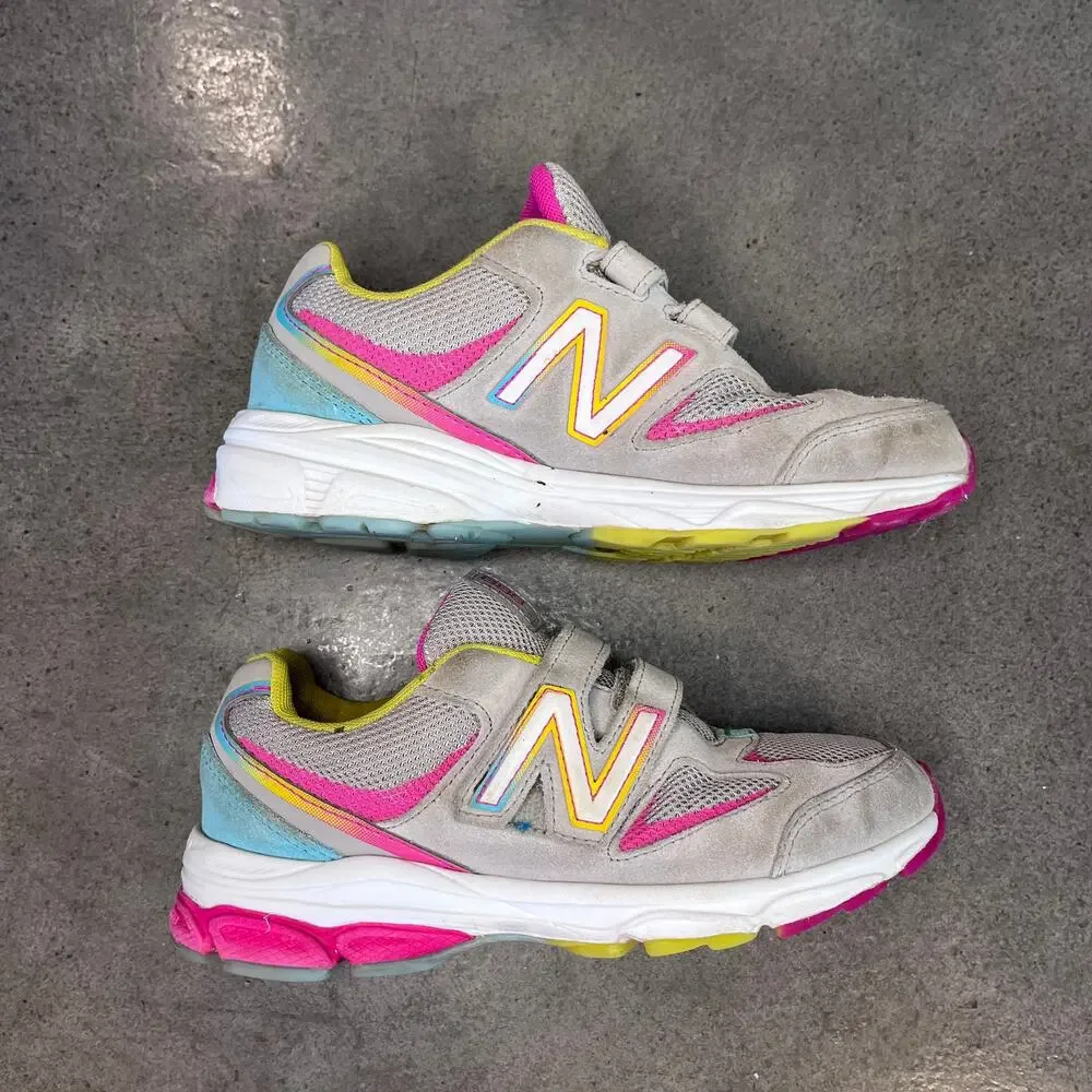 New Balance Gray pink yellow suede no lace sneakers Youth girls 2 athletic shoes